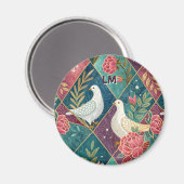 Elegante Witte Duiven Roze Bloemen & Goud Geometri Magneet (Voorkant / Achterkant)