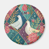 Elegante Witte Duiven Roze Bloemen & Goud Geometri Magneet (Voorkant)