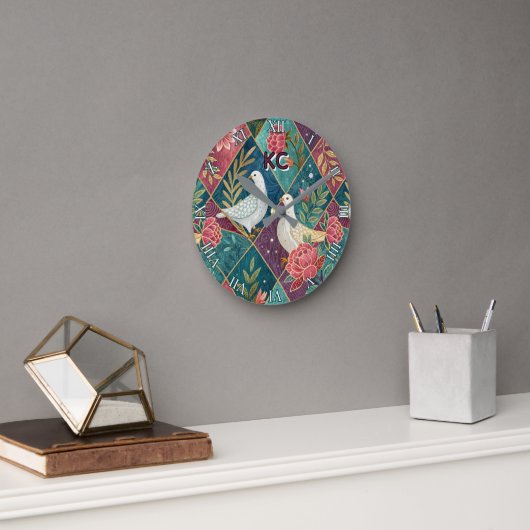 Elegante Witte Duiven Roze Bloemen & Goud Geometri Ronde Klok (Kantoor)