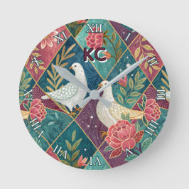 Elegante Witte Duiven Roze Bloemen & Goud Geometri Ronde Klok