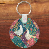 Elegante Witte Duiven Roze Bloemen & Goud Geometri Sleutelhanger (Voorkant)