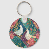 Elegante Witte Duiven Roze Bloemen & Goud Geometri Sleutelhanger (Achterkant)