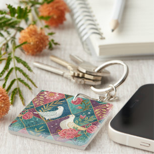 Elegante Witte Duiven Roze Bloemen & Goud Geometri Sleutelhanger
