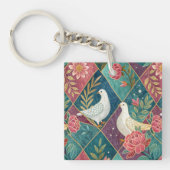 Elegante Witte Duiven Roze Bloemen & Goud Geometri Sleutelhanger (voorkant)