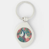 Elegante Witte Duiven Roze Bloemen & Goud Geometri Sleutelhanger (Voorkant)