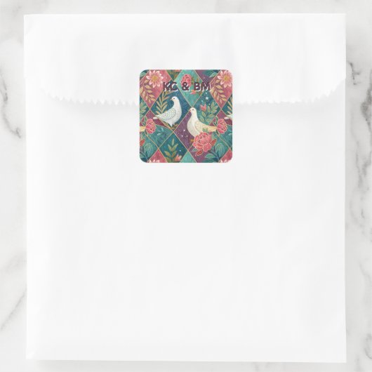 Elegante Witte Duiven Roze Bloemen & Goud Geometri Vierkante Sticker (Tas)