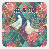 Elegante Witte Duiven Roze Bloemen & Goud Geometri Vierkante Sticker (Voorkant)