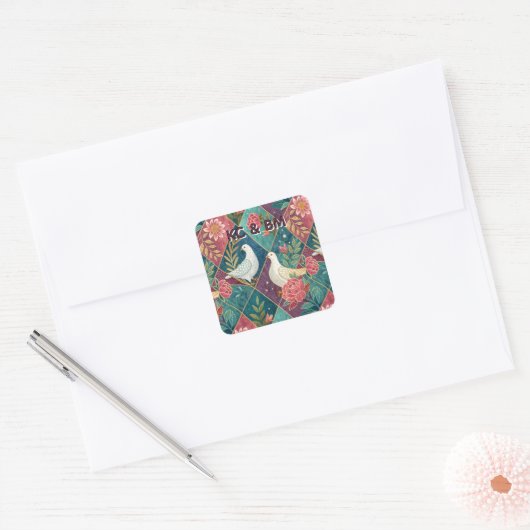 Elegante Witte Duiven Roze Bloemen & Goud Geometri Vierkante Sticker (Envelop)