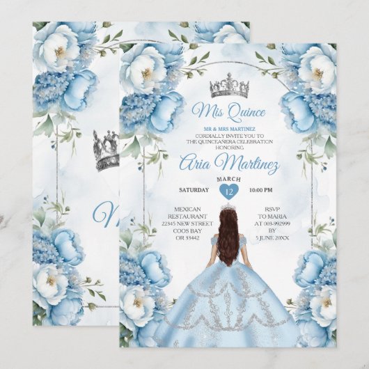 Elegante witte en blauwe bloemenprinses Quiñceaner Kaart (Voorkant / Achterkant)