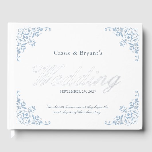 Elegante witte en blauwe chic formele bruiloft gastenboek (Voorkant)