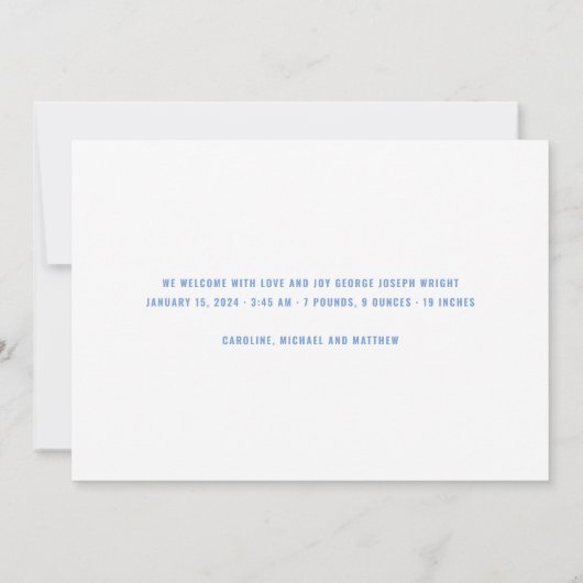 Elegante Witte en Blauwe Foto Geboorte Aankondiging (Achterkant)