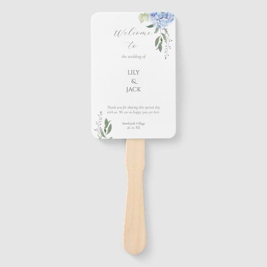 Elegante Witte en Blauwe Hydrangea Set van Ventila Handwaaier (Voorkant)