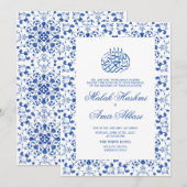 Elegante witte en blauwe islamitische bruiloft kaart (Voorkant / Achterkant)