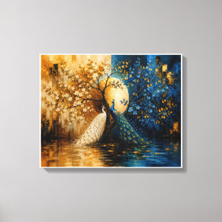 Elegante witte en blauwe pauwen canvas afdruk