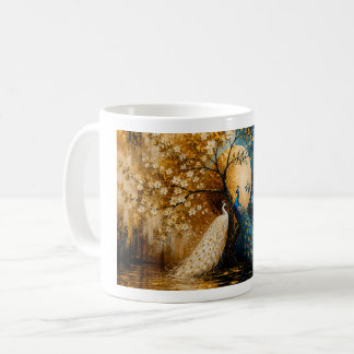Elegante witte en blauwe pauwen koffiemok