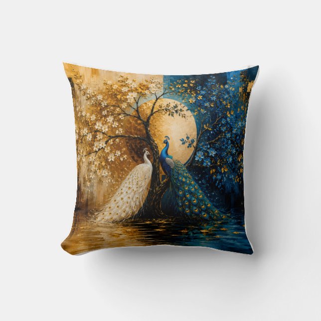 Elegante witte en blauwe pauwen kussen (Voorkant)