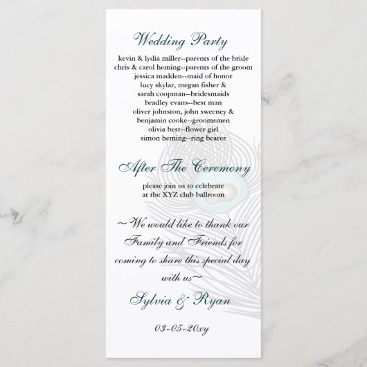 Elegante witte en blauwgroen pauw programma's (Achterkant)