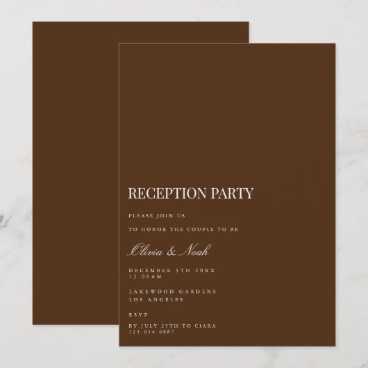 Elegante witte en bruine receptie uitnodiging Kaar (Voorkant / Achterkant)