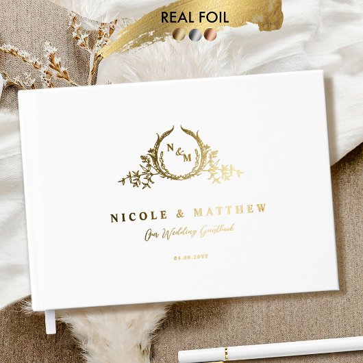 Elegante witte en echte Folie monogram bruiloft Gastenboek