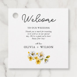 Elegante witte en gele bloemen bruiloft welkom bedankjes labels