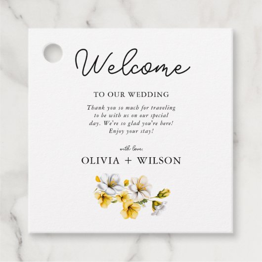 Elegante witte en gele bloemen bruiloft welkom bedankjes labels (Voorkant)