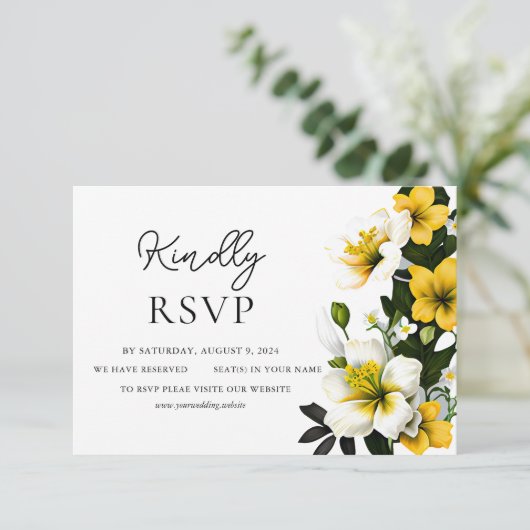 Elegante witte en gele bloemenbruiloft RSVP-Kaart RSVP Kaartje (Staand voorkant)