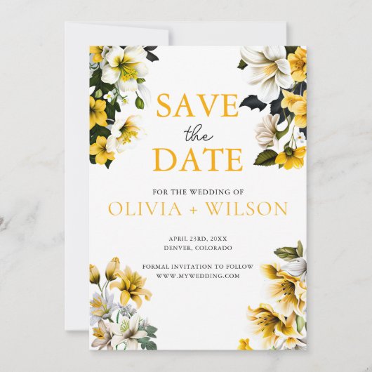 Elegante witte en gele bloemenbruiloft save the date (Voorkant)