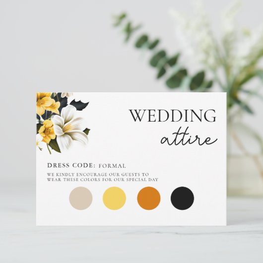 Elegante witte en gele bloementrouwkleding informatiekaartje (Staand voorkant)