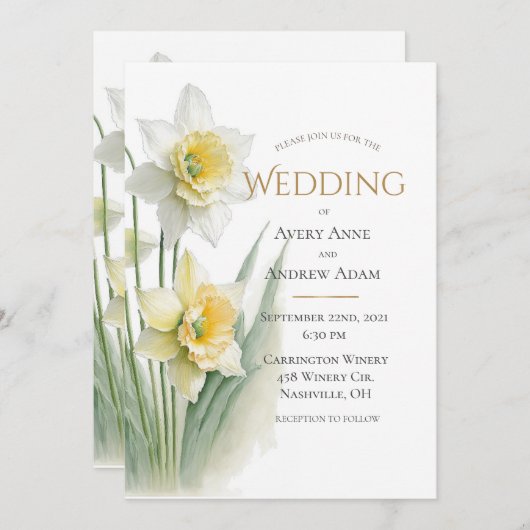 Elegante witte en gele narcissen bruiloft kaart (Voorkant / Achterkant)
