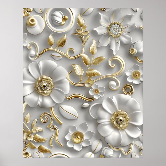 Elegante witte en gouden 3D bloemenmuurkunst Poster (Voorkant)