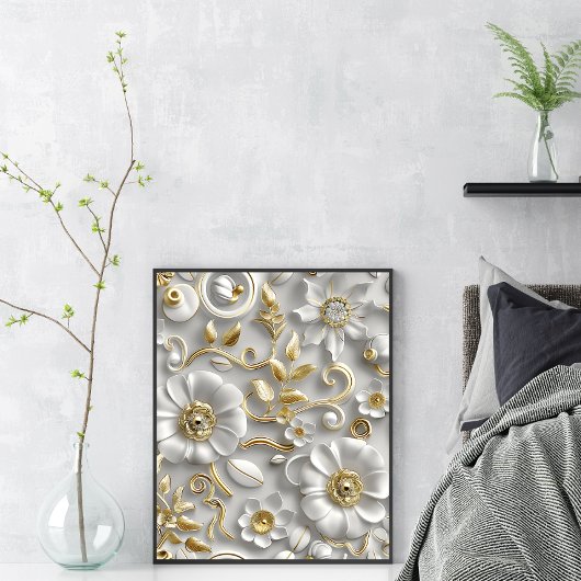 Elegante witte en gouden 3D bloemenmuurkunst Poster