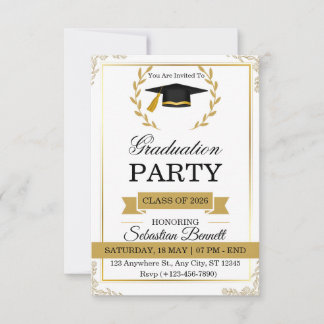 Elegante witte en gouden afstudeerfeest uitnodigin kaart