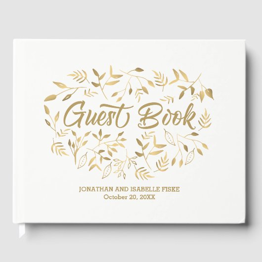 Elegante witte en gouden bladeren Boho Glam bruilo Gastenboek (Voorkant)