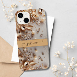 Elegante Witte en Gouden Bloemen Glitter Edelstene Case-Mate iPhone 14 Hoesje