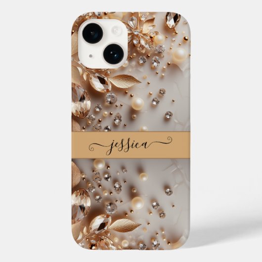 Elegante Witte en Gouden Bloemen Glitter Edelstene Case-Mate iPhone Case (Achterkant)