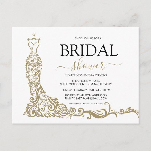 Elegante witte en gouden blush jurk bruidsbeurten briefkaart (Voorkant)