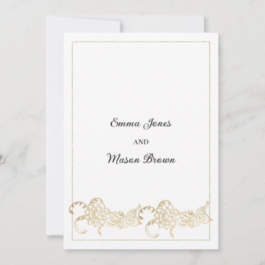 Elegante witte en gouden confetti bloemenbruiloft kaart (Achterkant)