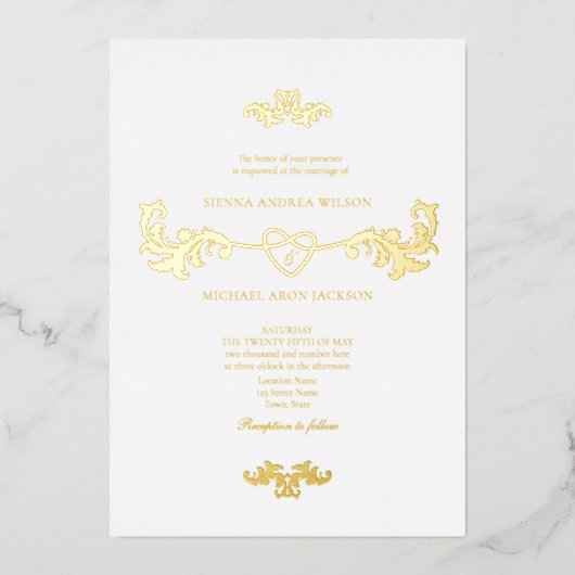 Elegante witte en gouden folie bruiloft uitnodigin folie uitnodiging (Voorkant)