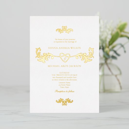 Elegante witte en gouden folie bruiloft uitnodigin folie uitnodiging (Staand Voorkant)