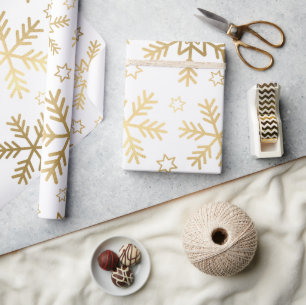Elegante witte en gouden folie sneeuwvlokken Kerst Cadeaupapier