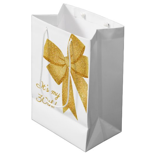 Elegante Witte en Gouden Glitter Boog Verjaardag Medium Cadeauzakje (Voorkant Gekanteld)