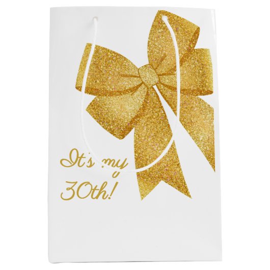 Elegante Witte en Gouden Glitter Boog Verjaardag Medium Cadeauzakje (Voorkant)