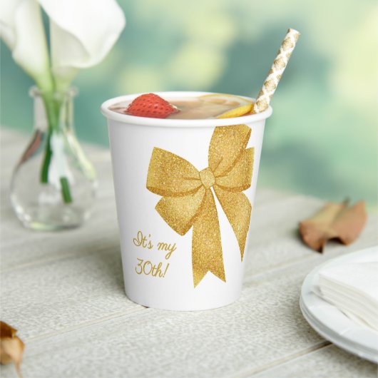 Elegante Witte en Gouden Glitter Boog Verjaardag Papieren Bekers (Insitu)