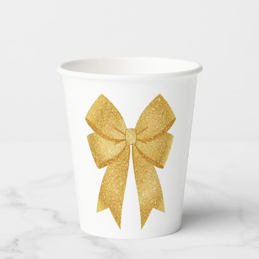 Elegante Witte en Gouden Glitter Boog Verjaardag Papieren Bekers (Achterkant)