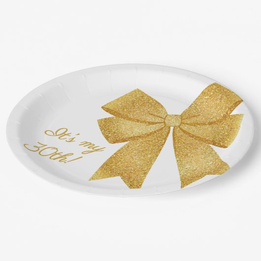 Elegante Witte en Gouden Glitter Boog Verjaardag Papieren Bordje (Gekanteld)