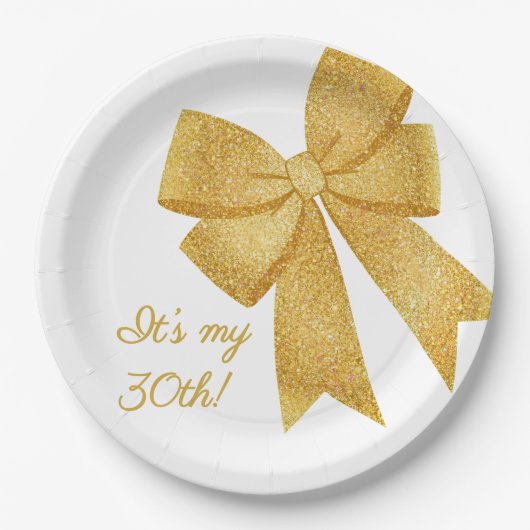 Elegante Witte en Gouden Glitter Boog Verjaardag Papieren Bordje (Voorkant)