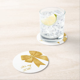 Elegante Witte en Gouden Glitter Boog Verjaardag Ronde Kartonnen Onderzetter