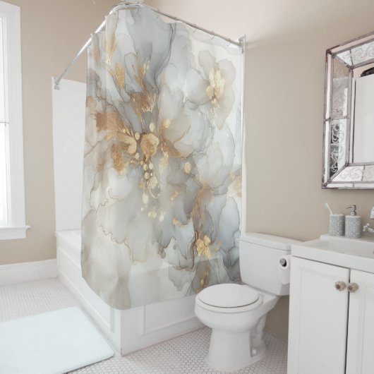 Elegante witte en gouden inkt Abstracte kunst Douchegordijn (In situ)