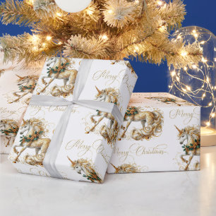 Elegante witte en gouden kerst-unicorn cadeaupapier