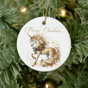Elegante witte en gouden kerst-unicorn keramisch ornament